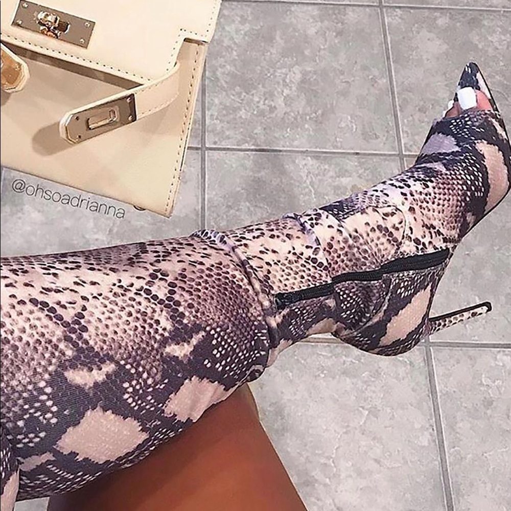 Thigh High Snake Skin Open Toe Heel Boot